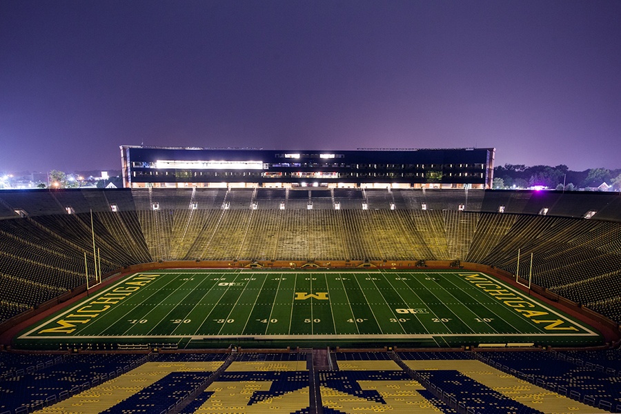 The University of Michigan football stadium at night
