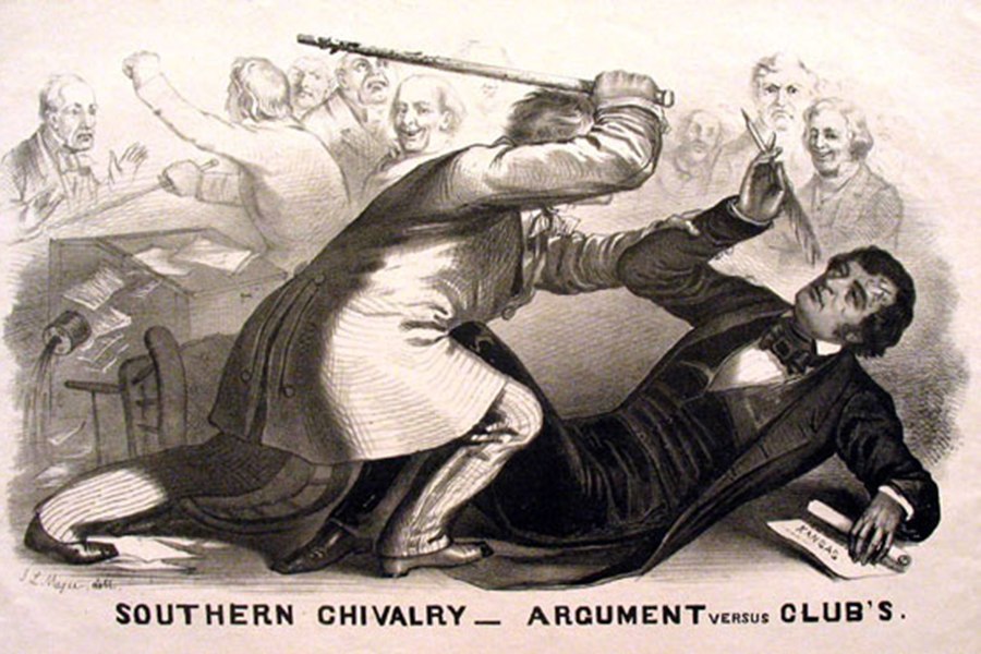A lithograph of Preston Brooks beating Charles Sumner with a cane