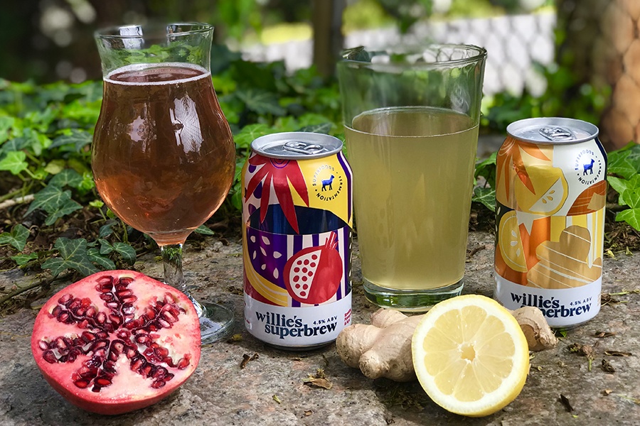 Willie's Superbrew cans, pints, and ingredients