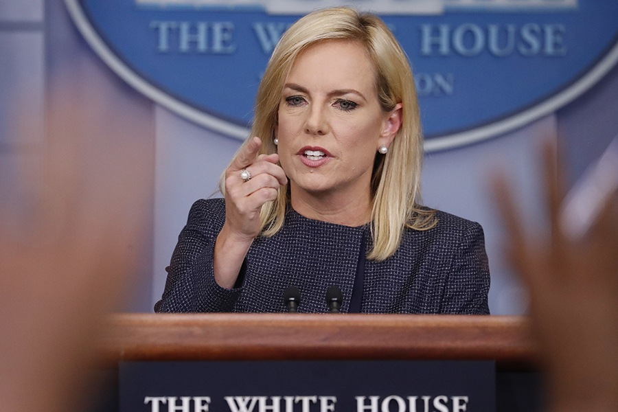 In this June 18, 2018 photo, Homeland Security Secretary Kirstjen Nielsen speak to the media during the daily briefing in the Brady Press Briefing Room of the White House. Nielsen is drafting an executive action for President Donald Trump that would direct DHS to keep families apprehended at the border together during detention. That's according to two people familiar with her thinking who spoke on condition of anonymity to discuss the effort before its official announcement. It's unclear whether the president is supportive of the measure.