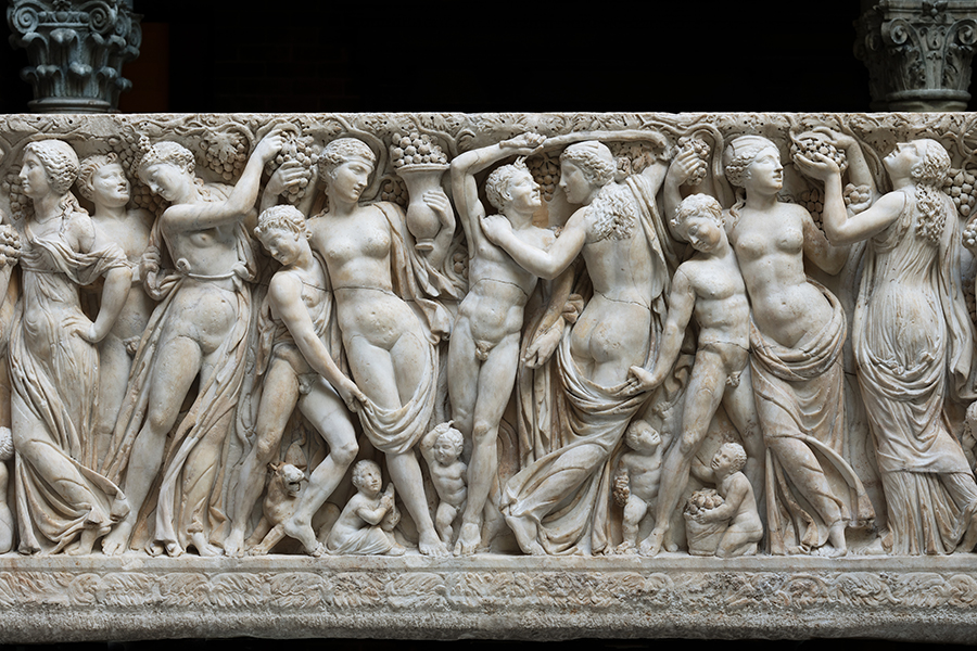 Roman, Severan, Farnese Sarcophagus with Revelers Gathering Grapes: Front, about 225 AD. Marble, 163.2 x 62.23 x 26.67 cm. Isabella Stewart Gardner Museum, Boston (S12e3)