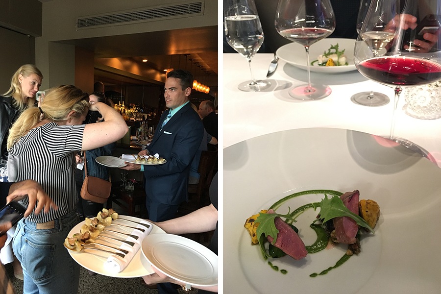 (Left) Food writers snap photos of No. 9 Park's signature prune gnocchi. (Right) Grilled duck breast at Menton.