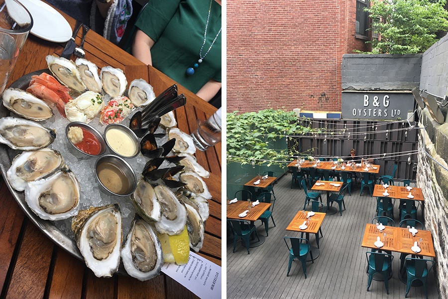 The "short stack" raw bar platter and the outdoor patio at B&G Oysters