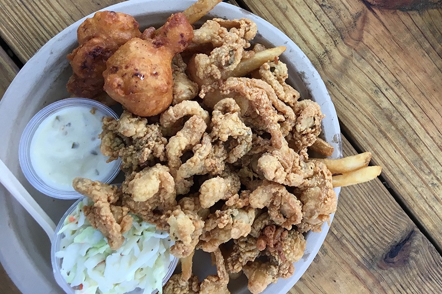 Whole-belly fried clams and clam cakes at Captain Frosty's Fish & Chips in Dennis, on Cape Cod