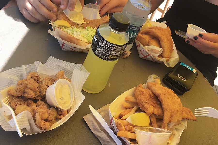 One whole-belly fried clams and three orders of fried fish and chips at Easton's Beach Snack Shack