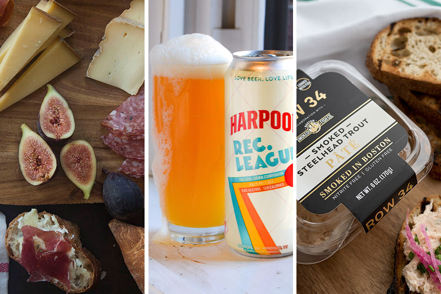 A collage featuring Curds & Co. cheese board photo by Aynsley Floyd / Harpoon Rec. League photo by Phil Cassella for Craft Beer Cellar / Row 34 + Boston Smoked Fish Co. trout pâté photo by Emily Hagen