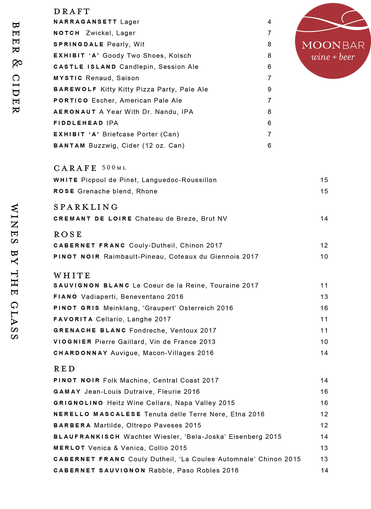 Moon Bar by the glass drink menu Aug 2018