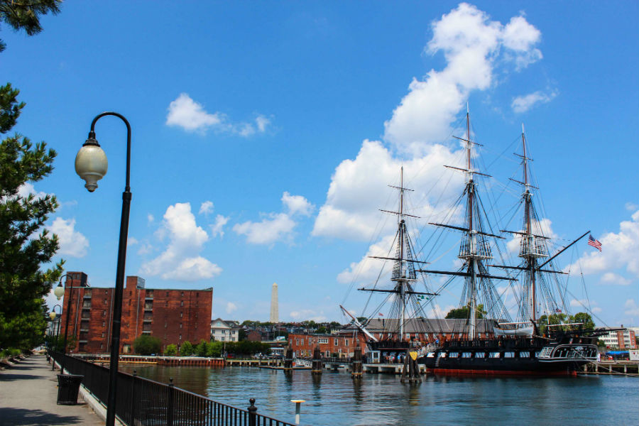 The USS Constitution is part of the scene at Castle Island's Charlestown beer garden.