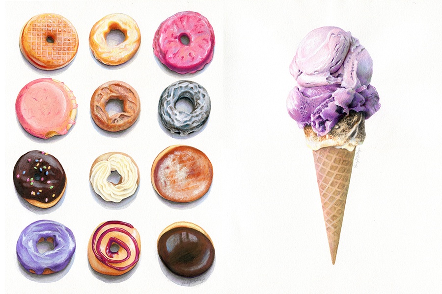 (Left) "Doughnuts," inspired by Blackbird Doughnuts, by Kendyll Hillegas for FEAST