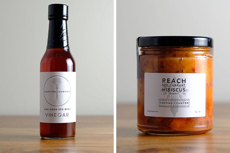 vinegar and peach preserves bottled to go from Tasting Counter