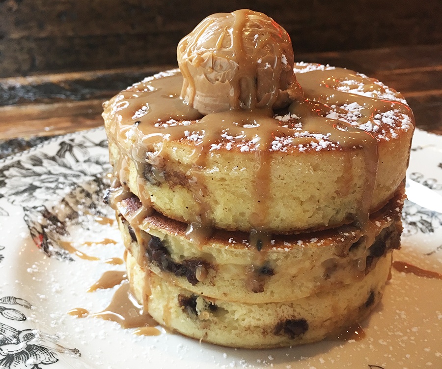 A stack of chocolate chip souffle pancakes at Tiger Mama
