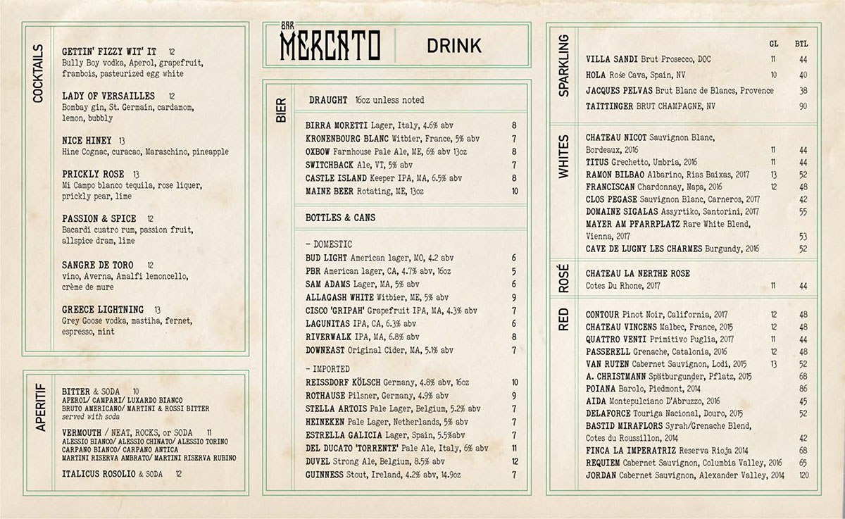 Bar Mercato drink menu