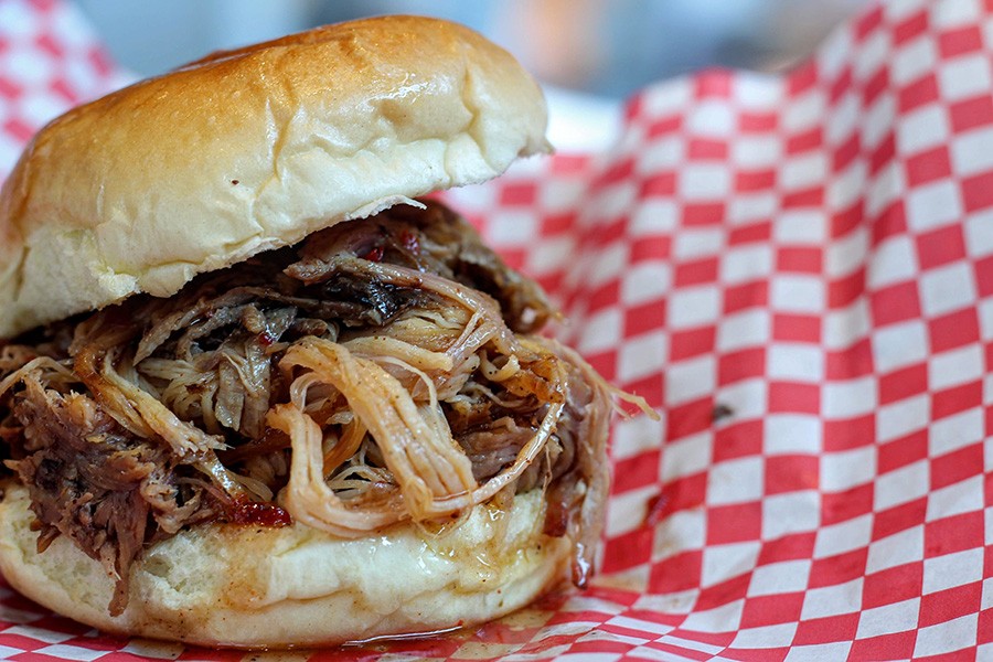 pulled pork sandwich at the Smoke Shop BBQ