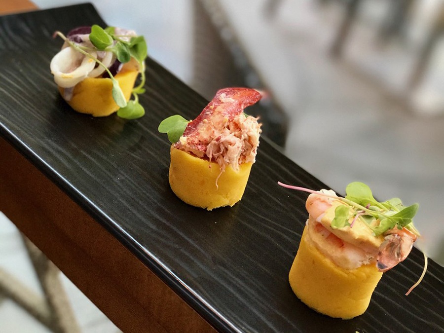 Trio of Causitas: Yellow Peruvian potato, squid with Botija olives, lobster and shrimp