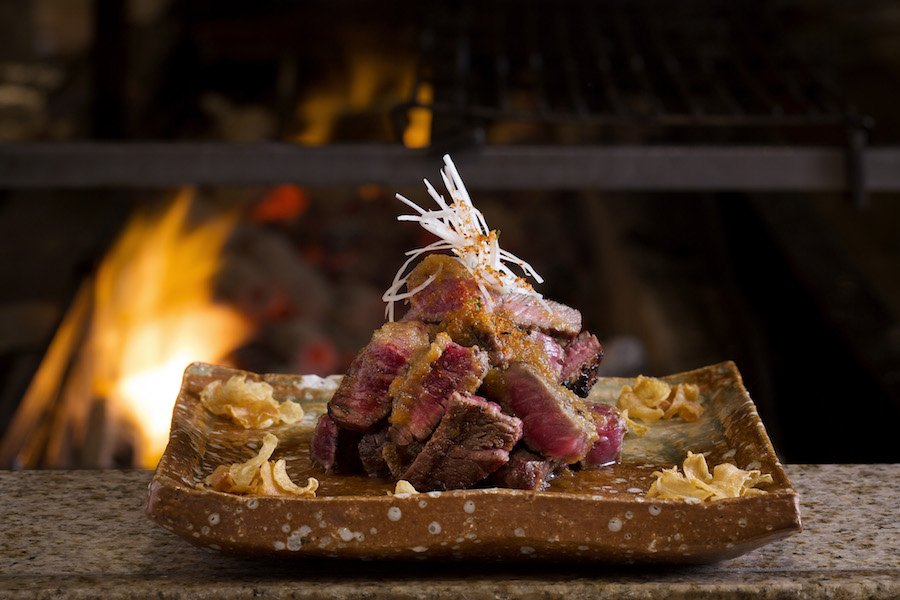 Ribeye steak from the robata grill during lunch service at Zuma Japanese in Boston