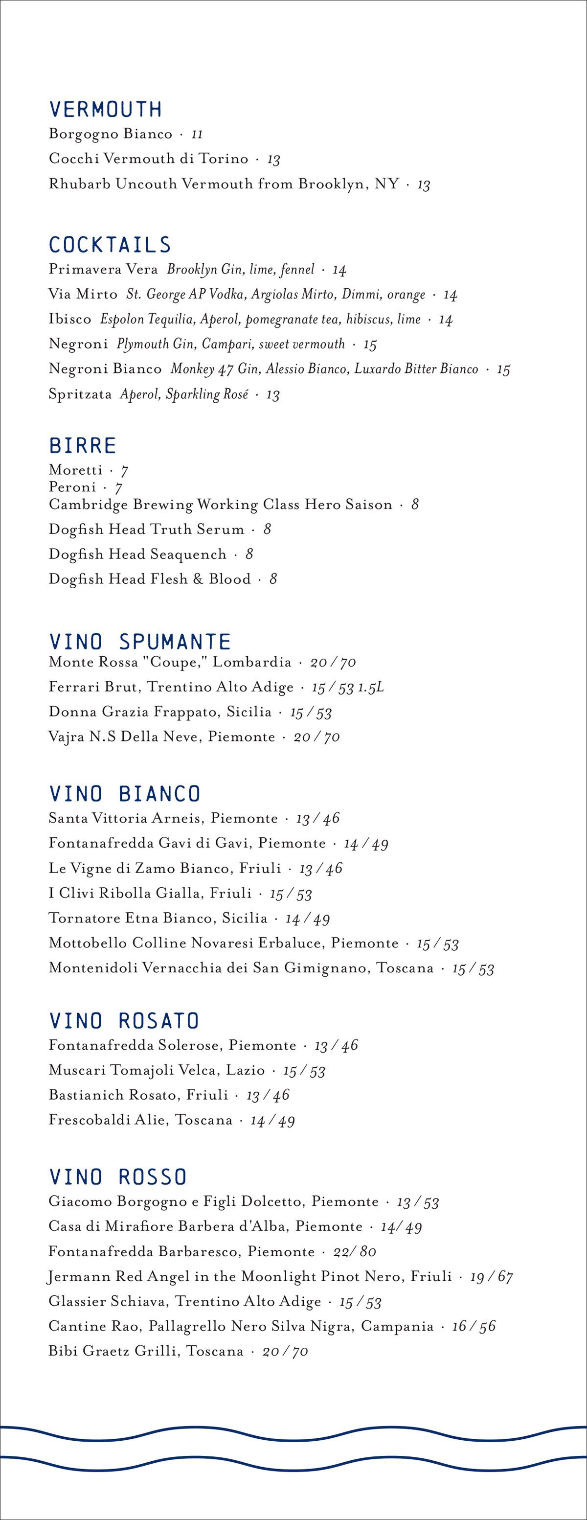 La Pescheria drinks menu at Eataly Boston