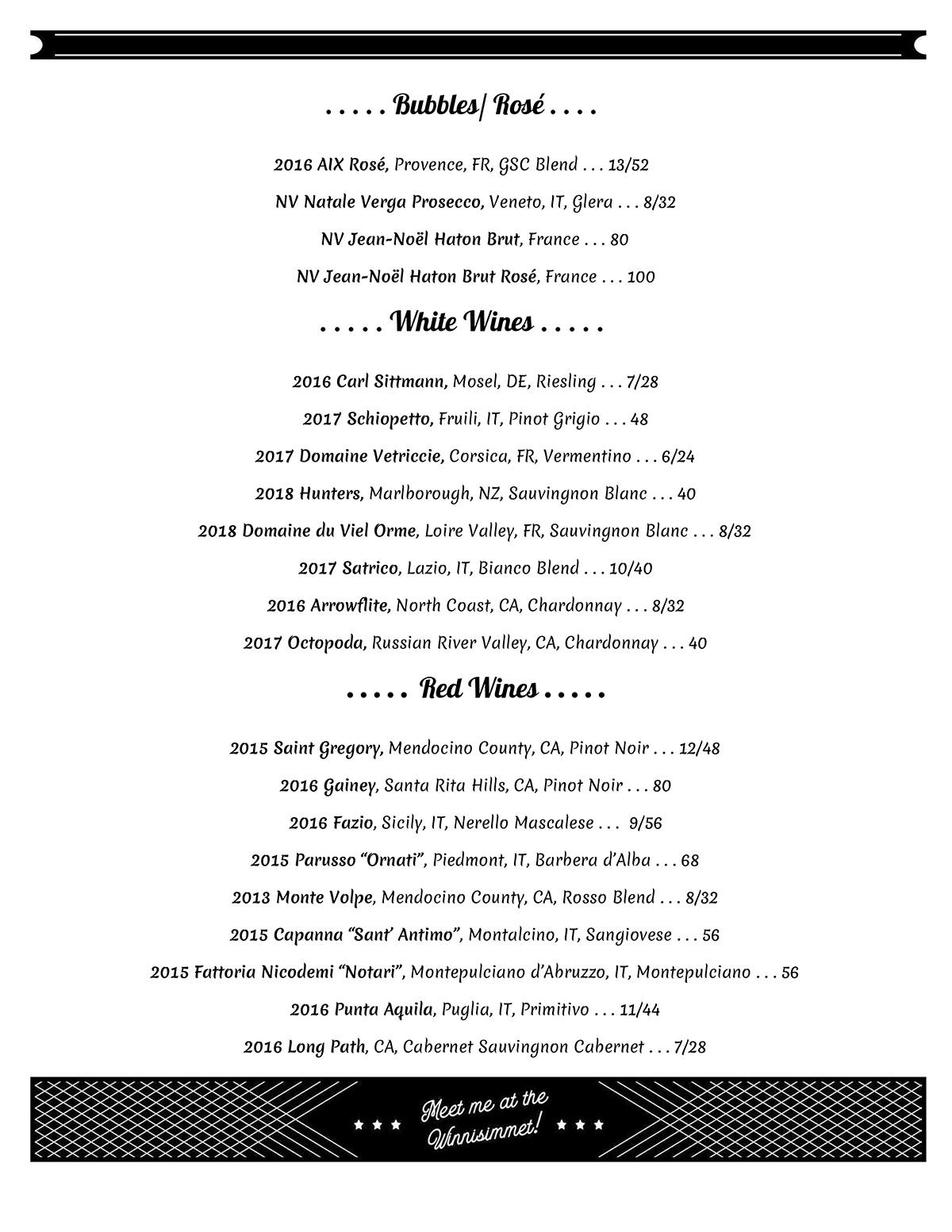 Winnisimmet Lounge wine menu