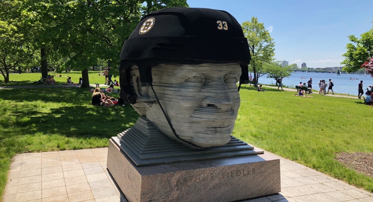 The Arthur Fiedler Statue Got a Bruins Helmet - Boston magazine