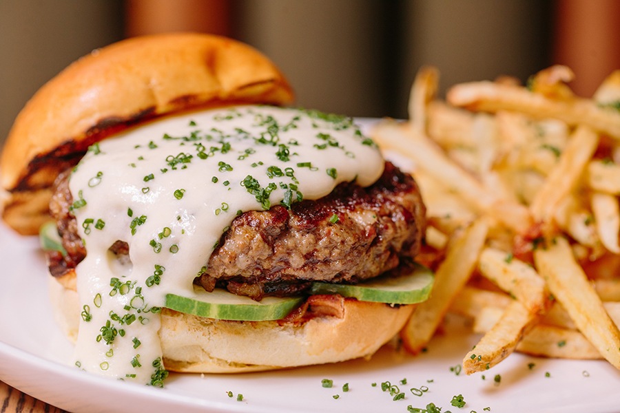 The Emory burger with garlic cheddar fondue