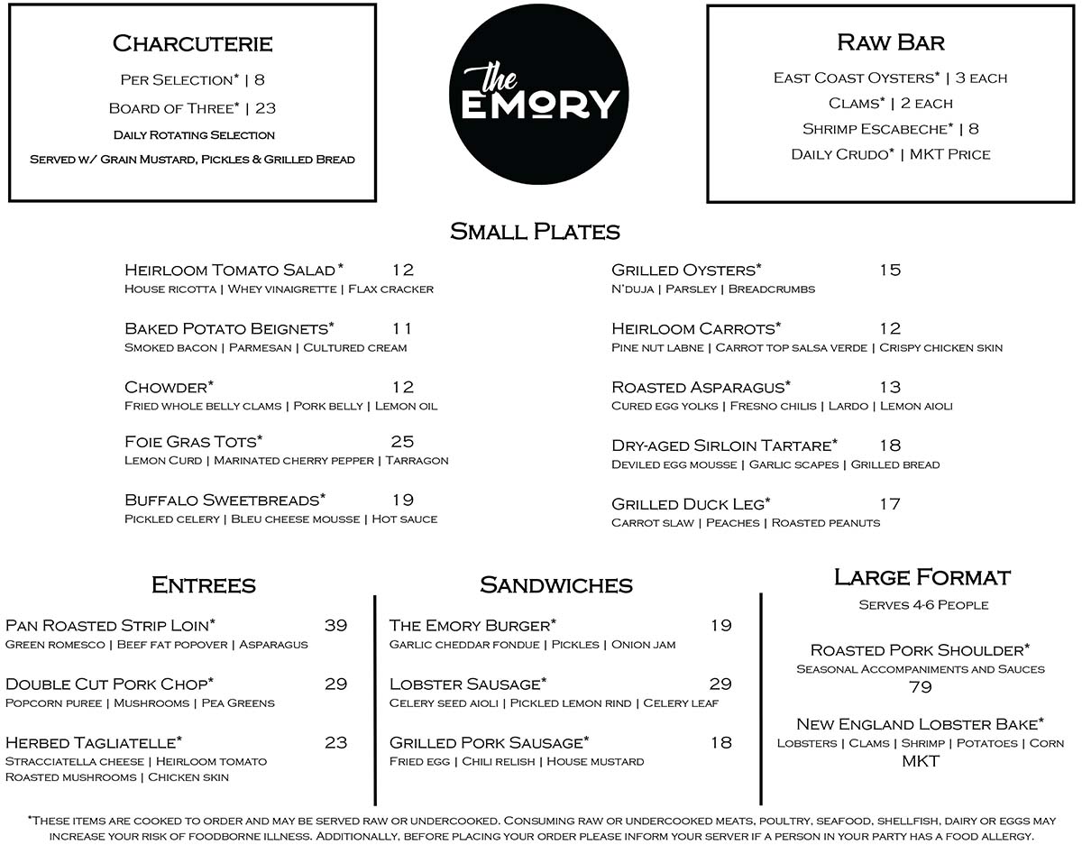 The Emory opening dinner menu