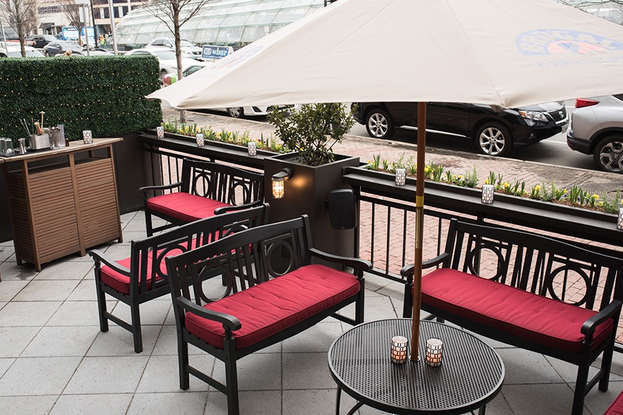 the Hawthorne's cozy patio in Kenmore Square