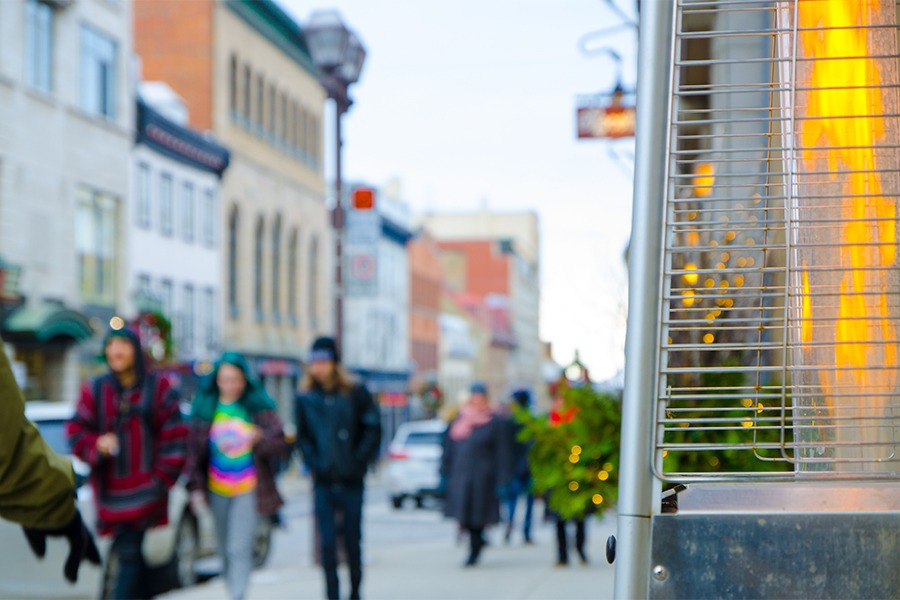 outdoor space heater with pedestrians