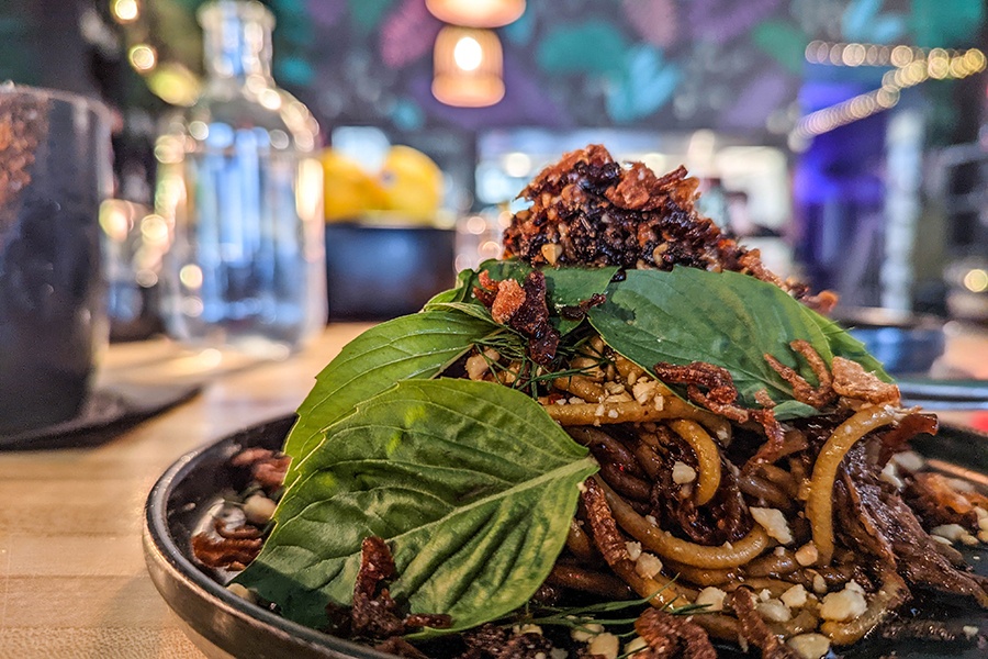 Long noodles are piled high on a plate, garnished with whole basil leaves, garnished with a dark brown sauce and bits of shredded beef.