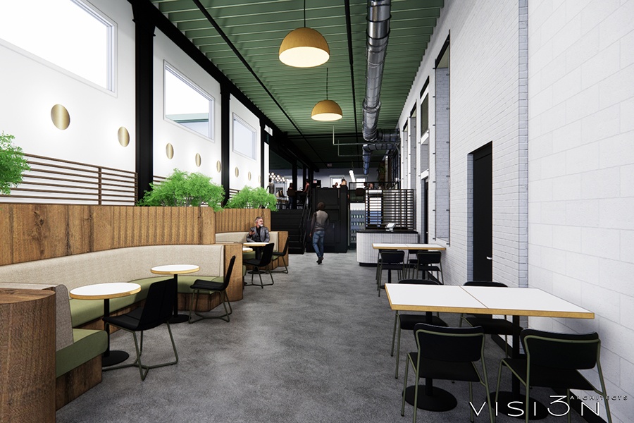 A rendering of a taproom features brown curved booths, a green ceiling, and greenery.