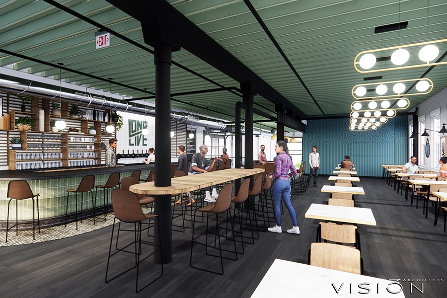 A rendering of a taproom shows light wood, green accents, and branding that reads Long Live.