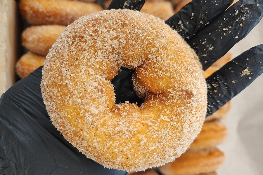 A cider doughnut coated in cinnamon sugar is held in a gloved hand, with more doughnuts in the background.