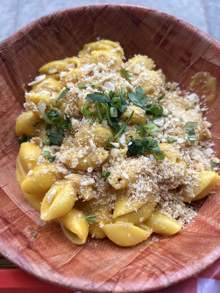 overhead view of a bowl of shells and cheese, topped with breadcrumbs and herbs