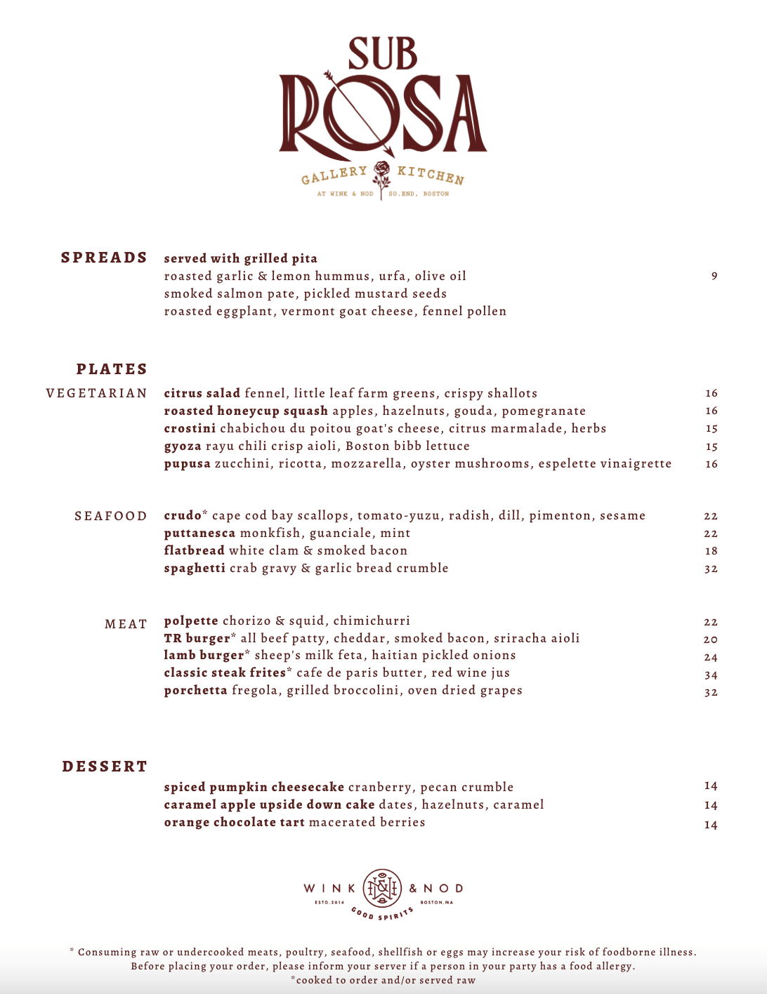 A page of a menu from a restaurant called SubRosa