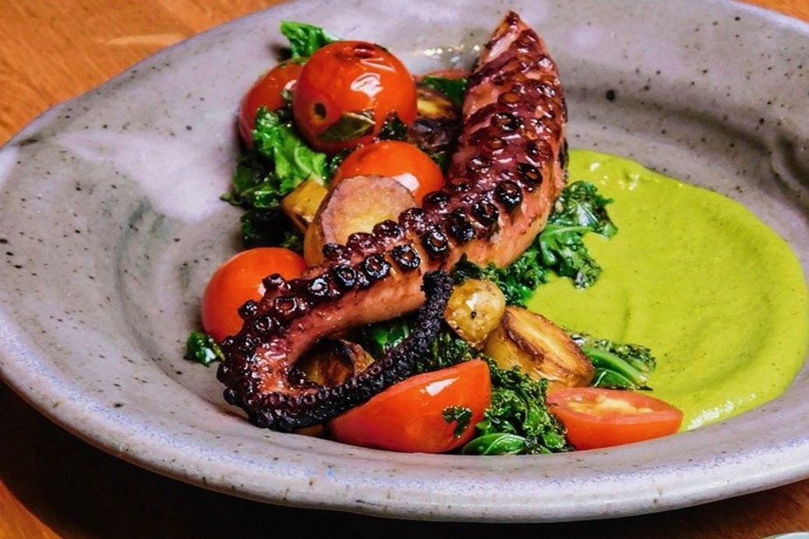 A charred squid tendril sits in a pool of green puree with tomatoes and greens.