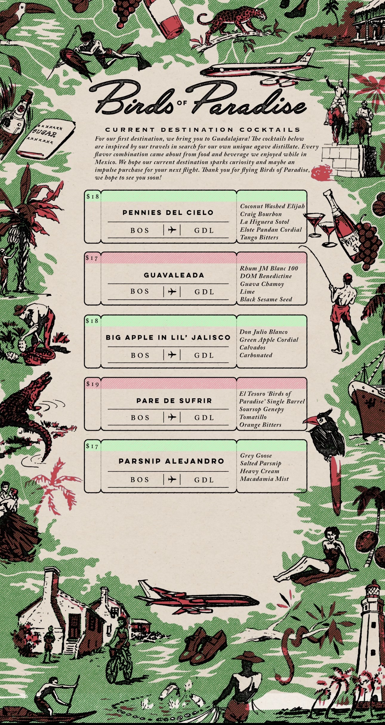 A cocktail menu with a green and red color scheme is decorated with illustrations evoking vintage travel vibes.