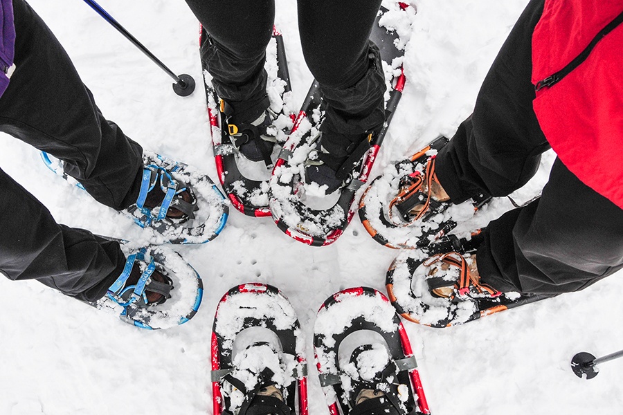 Overhead view of four people standing on snow wearing modern, lightweight snowshoes