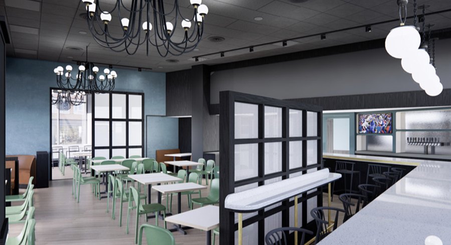 Rendering of a somewhat casual sit-down restaurant with bar space and minimalist decor, featuring light blue and light green accents.