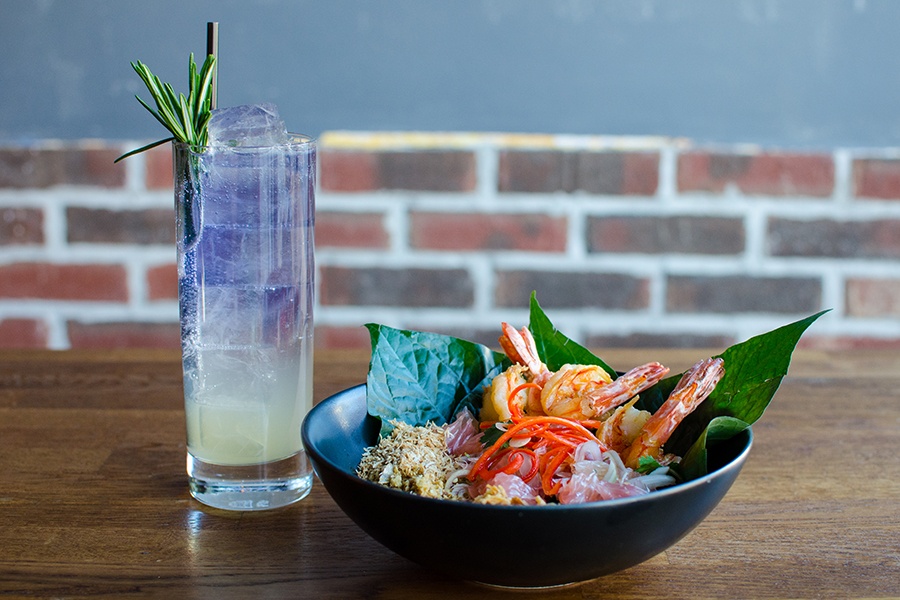 A Thai salad with shrimp, pomelo, slivers of chili