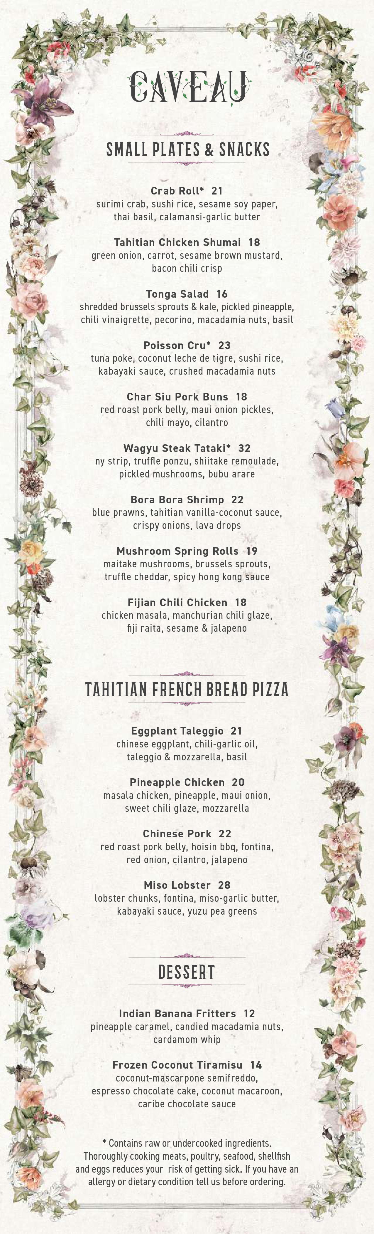 A food menu for a restaurant called Caveau features a floral border.