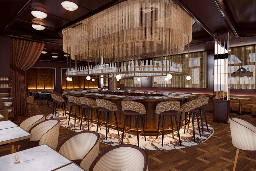 Rendering of a glamorous bar with dark brown wood accents and white marble tables.