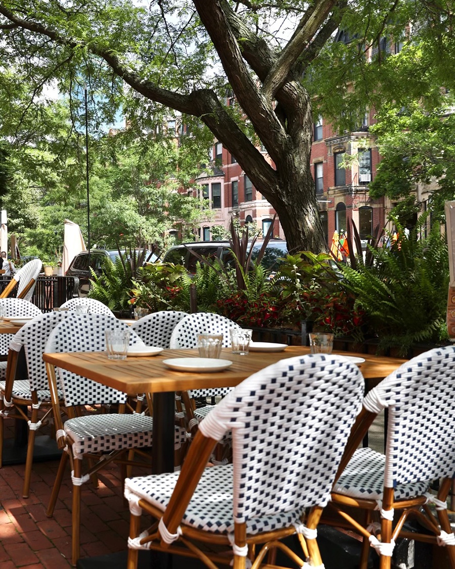 Patio seating at a restaurant on Boston's Newbury Street, with ferns and other greenery lining the edge and trees and brick townhouses in the background.
