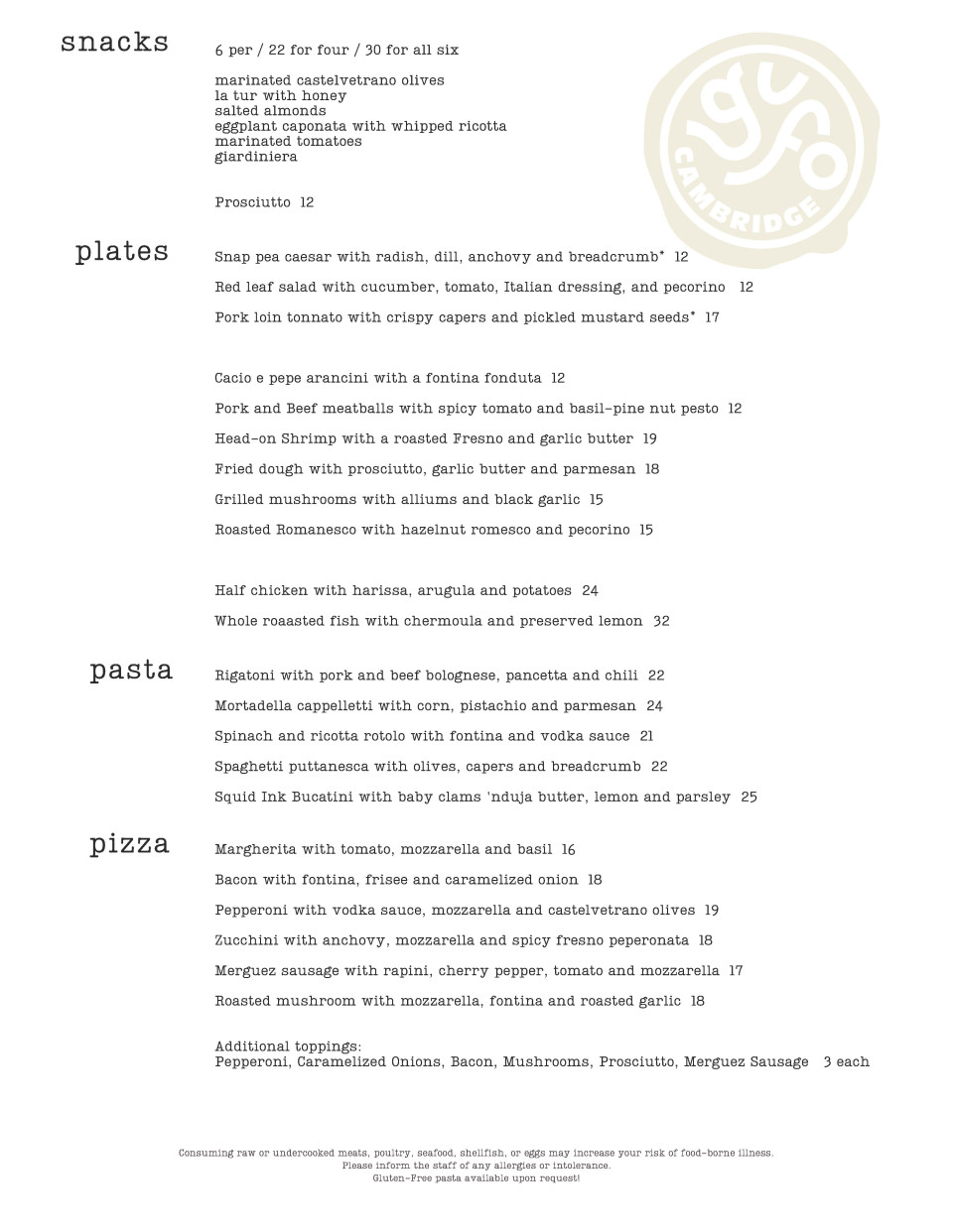 A page of an Italian restaurant menu with pasta, pizza, and more.