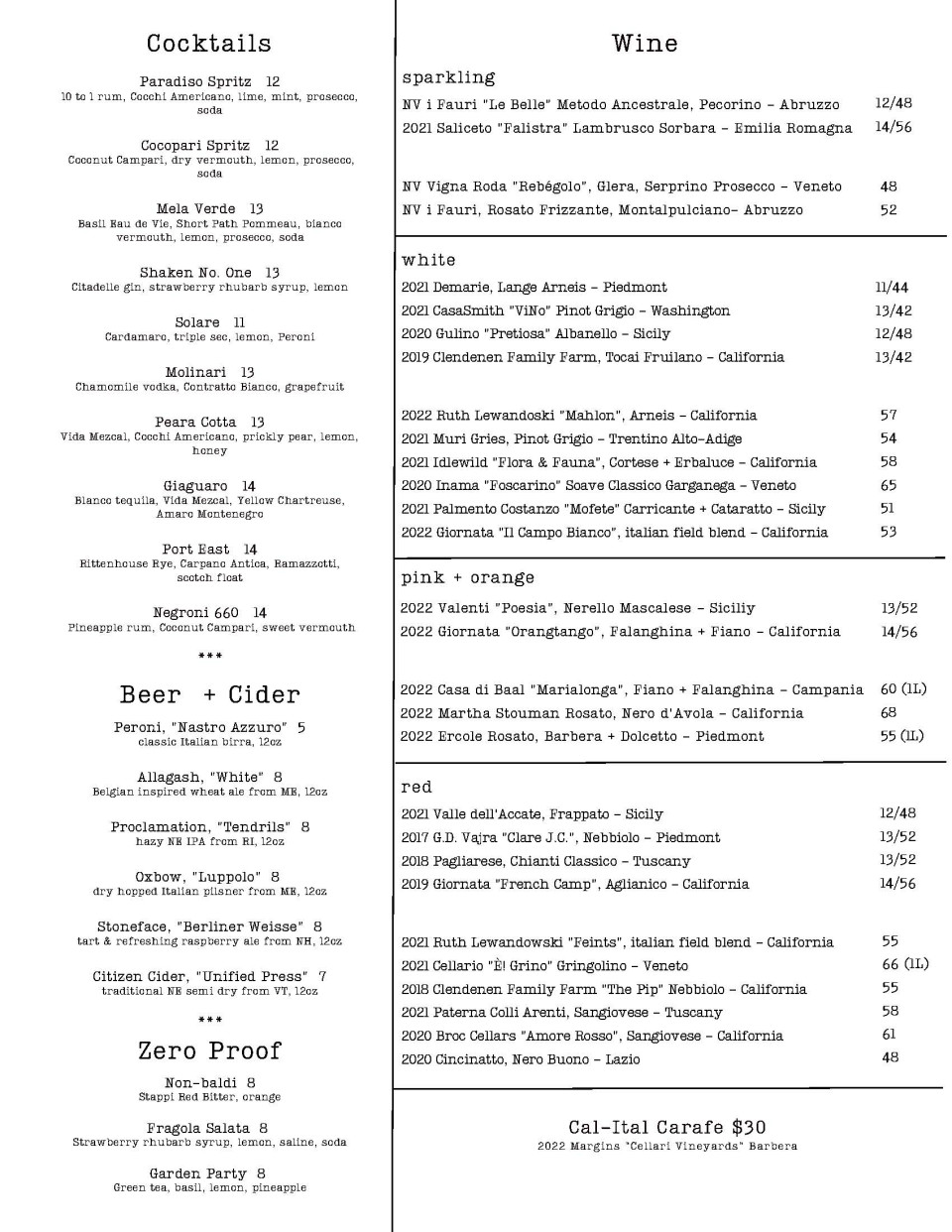 A page of an Italian restaurant menu with cocktails, beer, cider, mocktails, and wines.