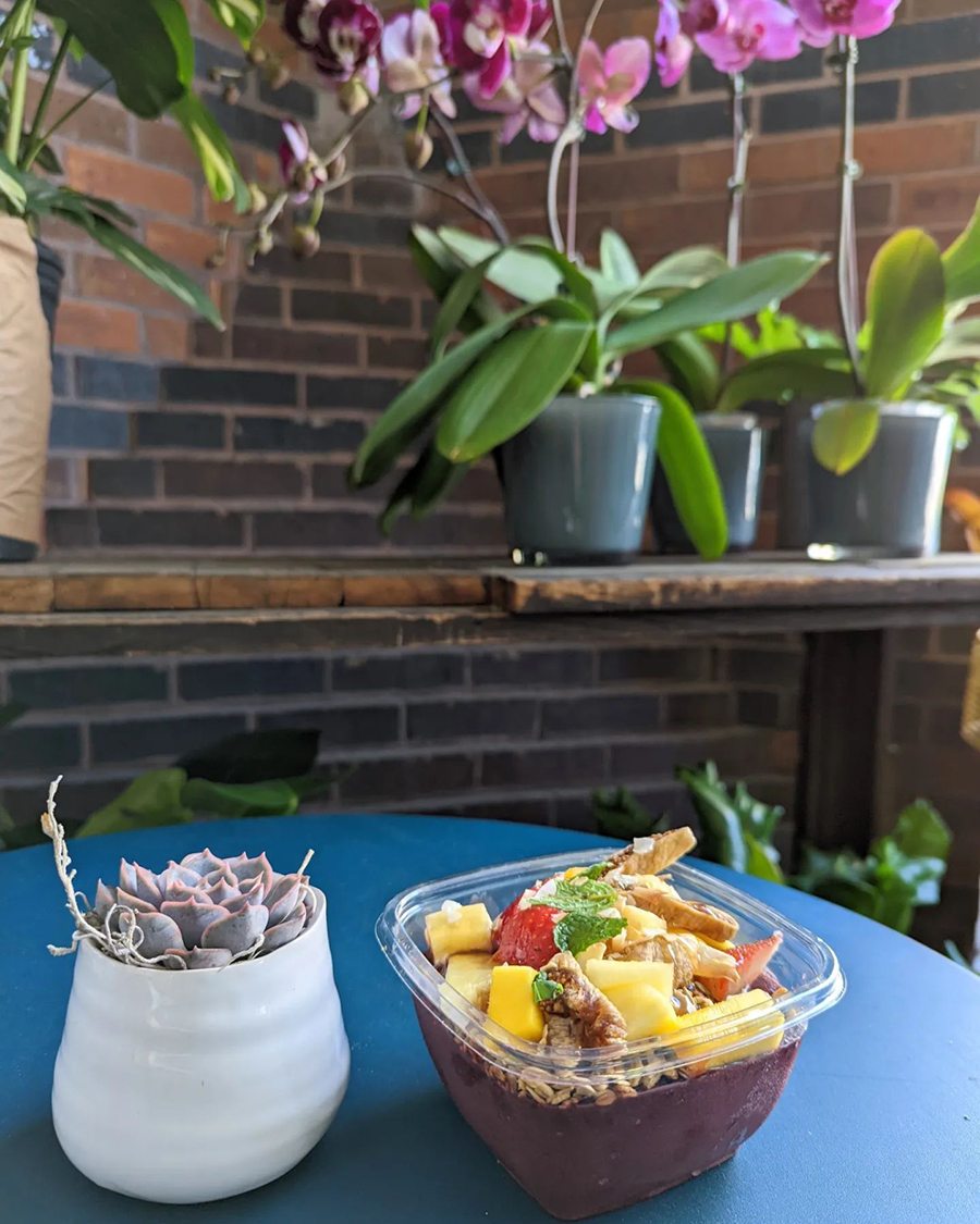 An acai bowl topped with fruit and oats sits on a blue table, with succulents and orchids decorating the area.