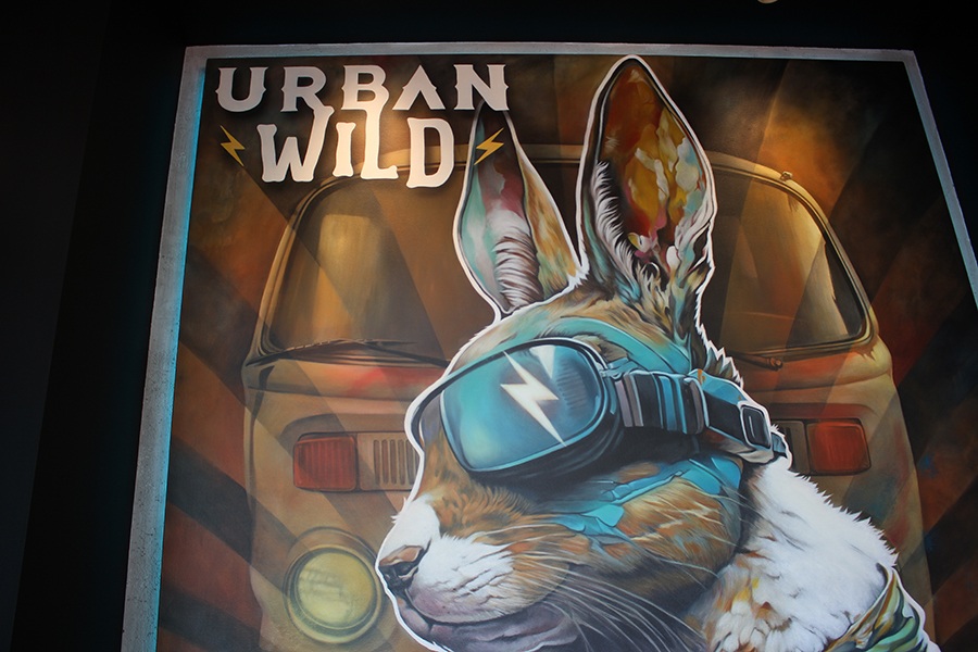 A mural of a rabbit wearing goggles in front of a van is labeled Urban Wild.