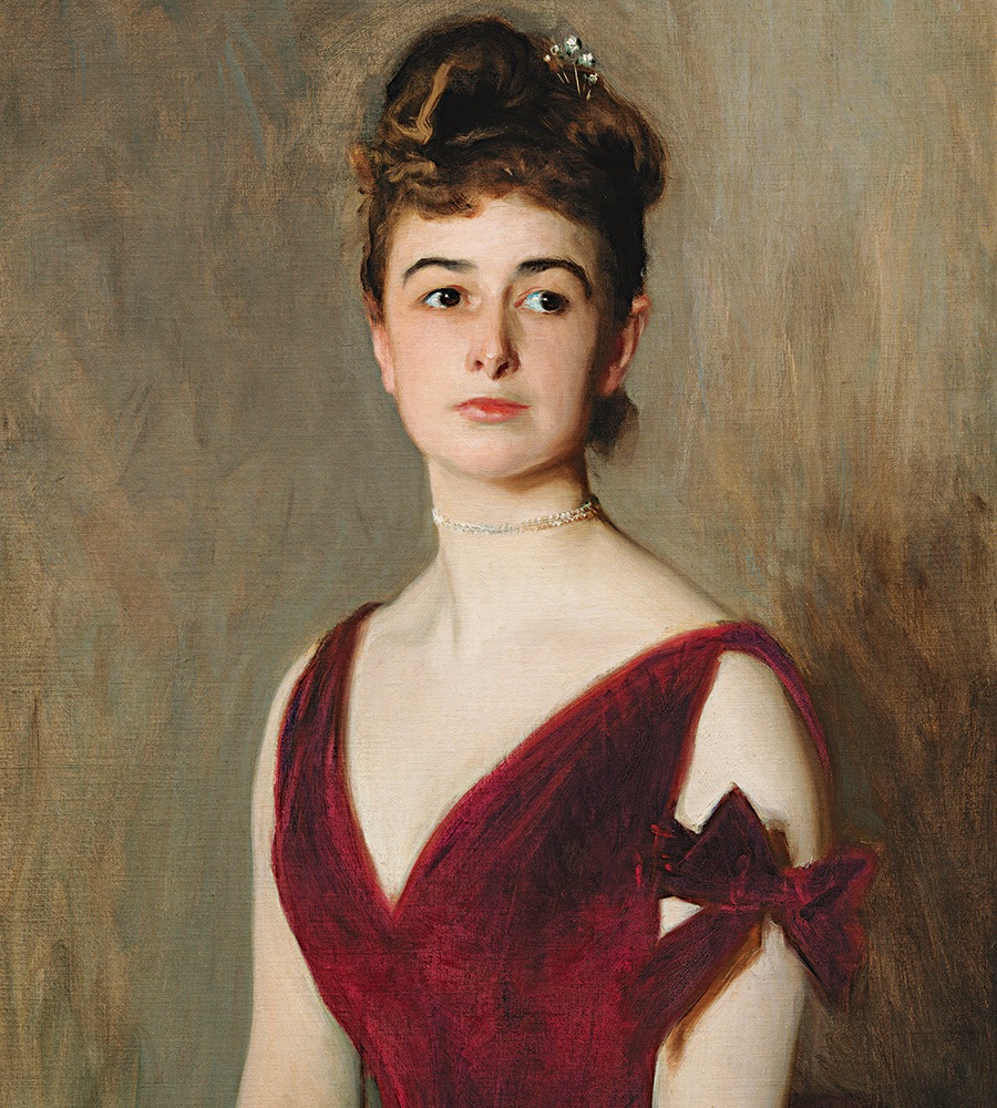 A John Singer Sargent fine-art painting of a 19th-century woman in a burgundy evening gown, sitting for a portrait.