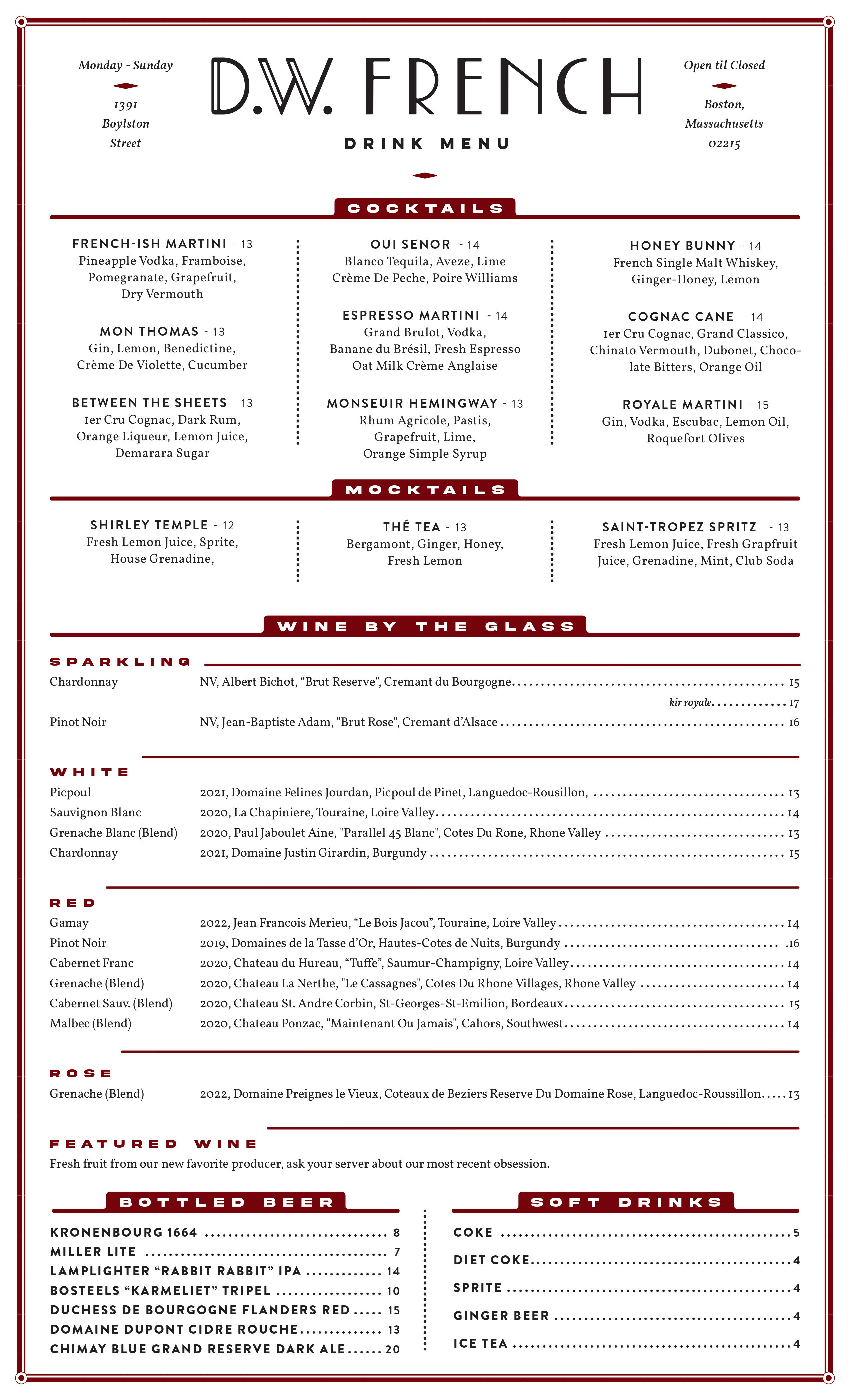 Drink menu for a restaurant called DW French