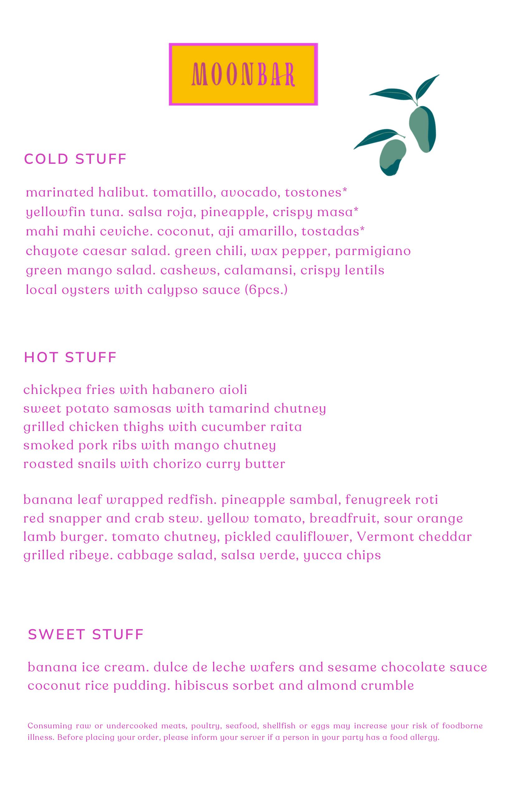 Opening menu for a restaurant named Moon Bar, featuring sections labelled cold and hot.