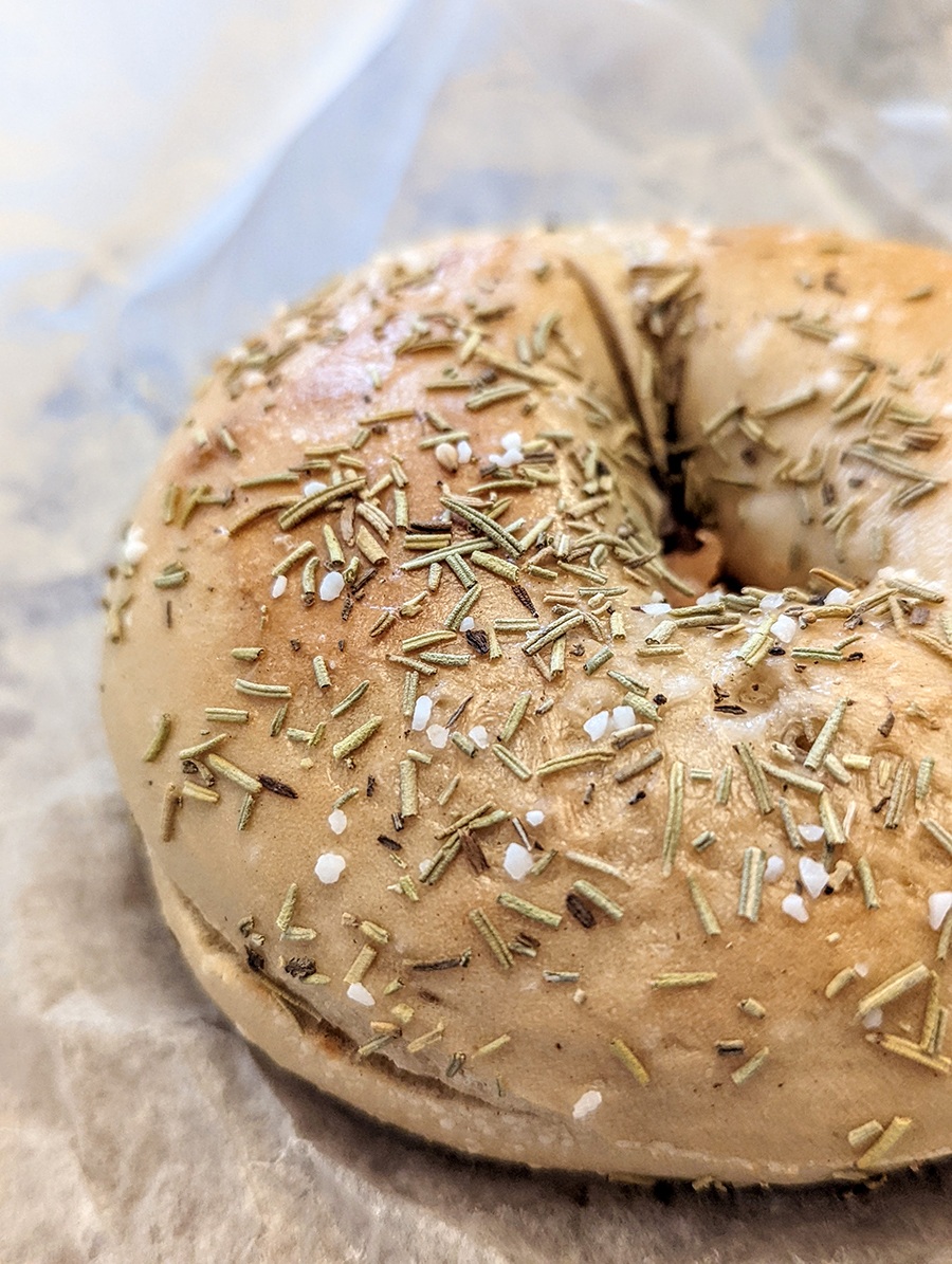 Closeup on a sliced bagel covered in dried rosemary and salt.