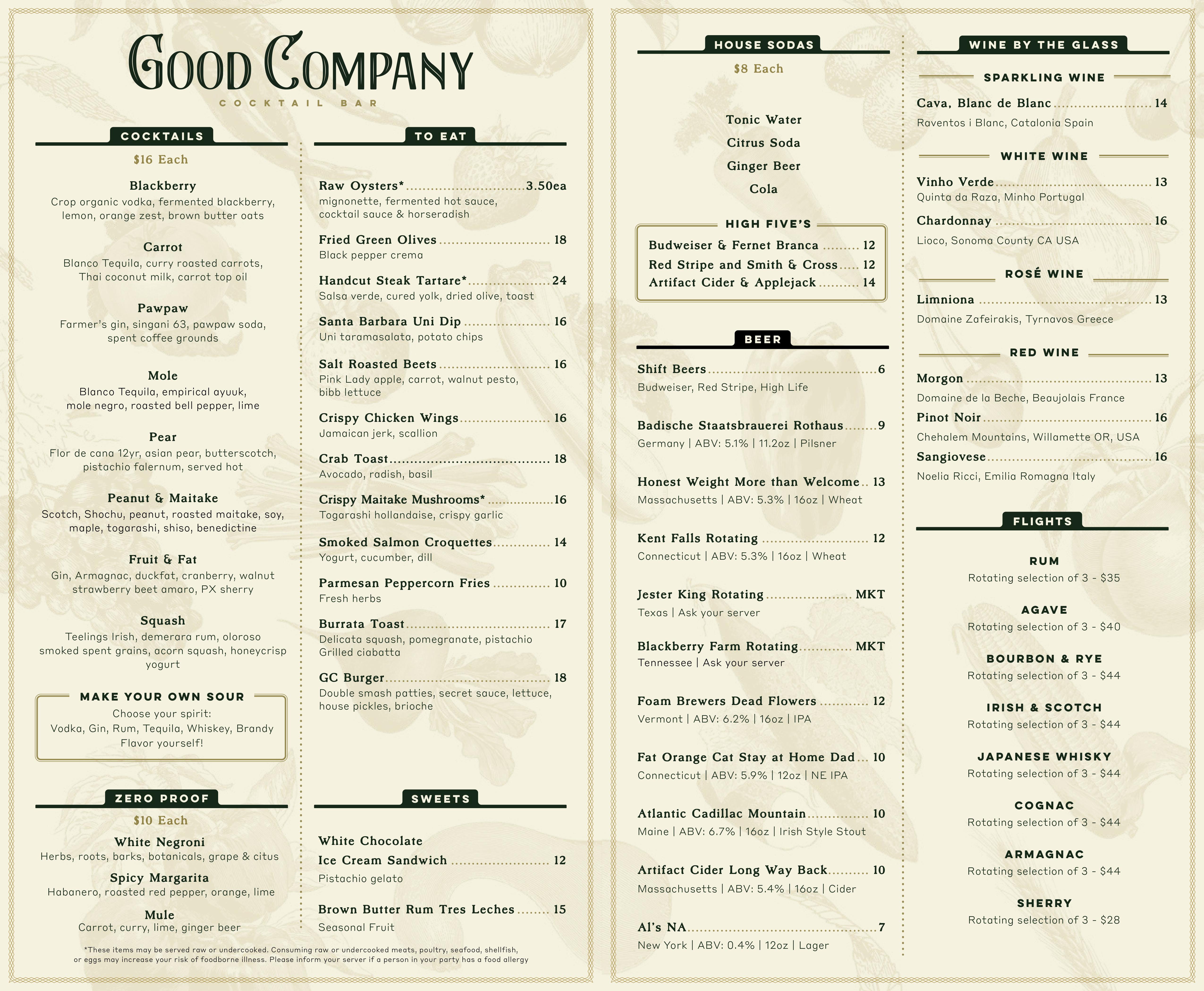 Food and drink menu for a bar called Good Company.