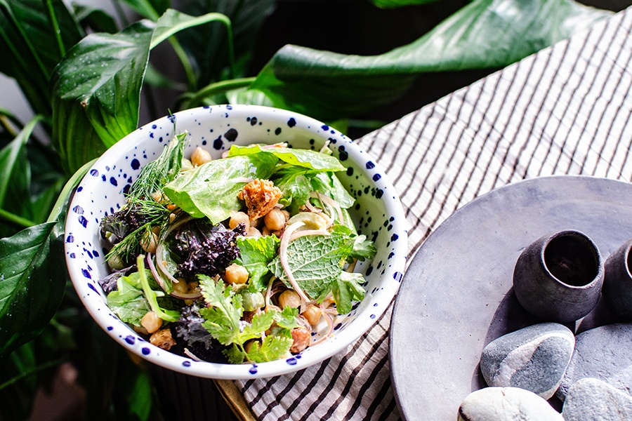 A salad in a white bowl with blue dots sits on a striped cloth next to plants and decorative rocks.